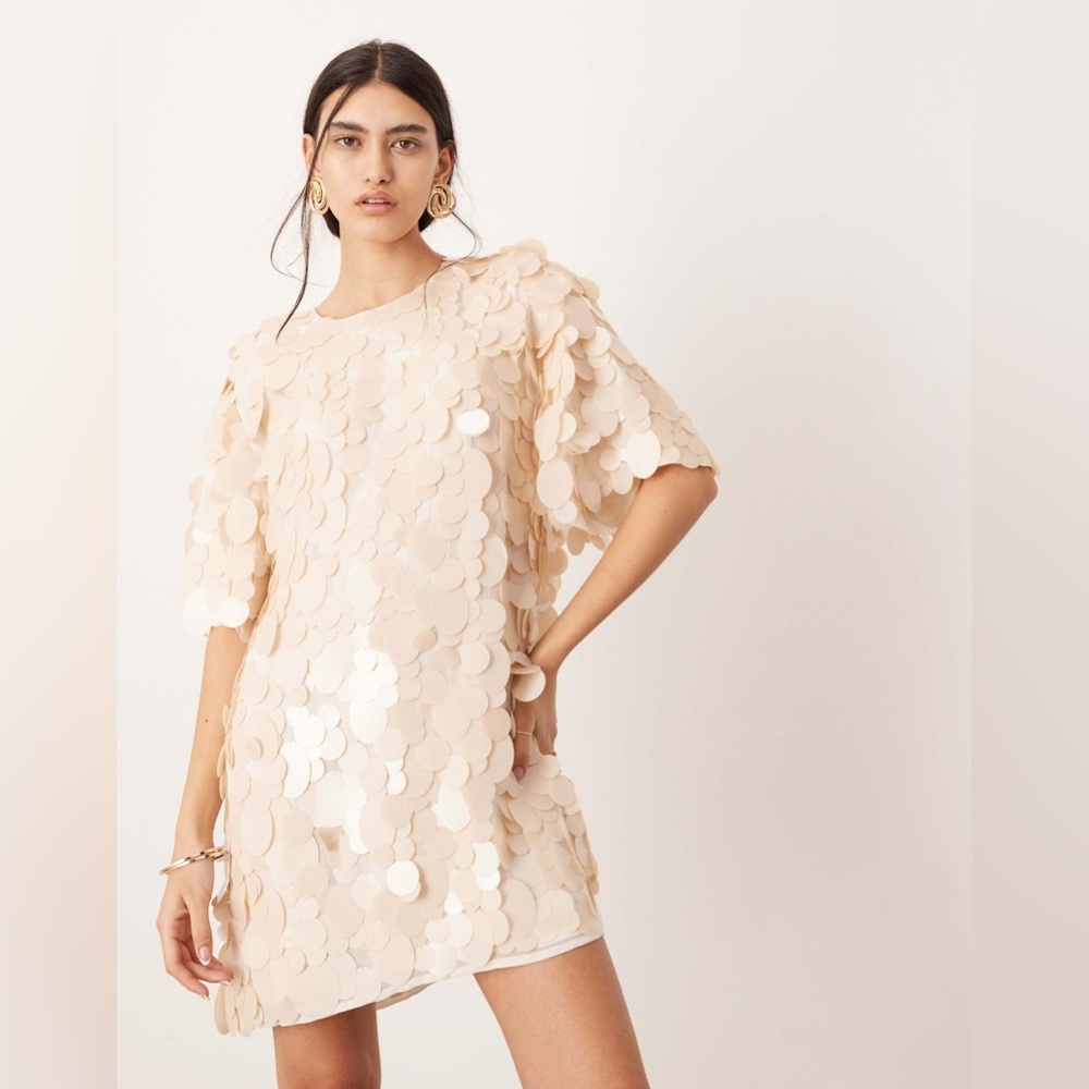 ASOS Edition Beige matte disc sequin t-shirt mini dress